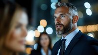 Confident mature businessman with gray hair and beard in dark suit at evening corporate event with blurred colleagues and bokeh lights in background.