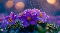Purple crocus flowers with water droplets in rain, illuminated by soft bokeh lights creating atmospheric spring garden scene.