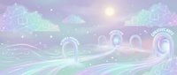 Dreamy pastel landscape with flowing hills, arches and glowing sun in soft purple, pink and mint green colors. Fantasy surreal background for meditation apps.
