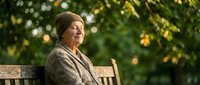 Senior woman relaxing on park bench with warm sunlight filtering through green foliage, peaceful outdoor moment for wellness and retirement lifestyle content.