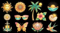 Sunny summer collection with smiling sun faces, sunflower, palm tree, tropical flowers, butterfly, bird, and beach sunset. Isolated on transparent background, ready for t-shirts, stickers, clipart, and print-on-demand designs.