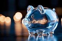 Glass piggy bank with reflective blue surface against blurred bokeh lights background, symbolizing financial savings and money management.
