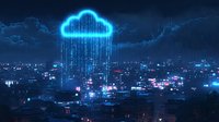 Glowing digital cloud raining binary code over night cityscape with neon lights, representing cloud computing and data transfer technology in urban environment.