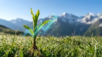 Young plant seedling with upward growth arrows in alpine meadow landscape with mountain peaks and clear sky background.