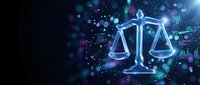 Digital justice scales glowing with blue light against dark background with bokeh effects and particles for legal technology concepts.