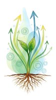 Watercolor plant with roots and upward arrows symbolizing growth, sustainability and environmental progress on white background.