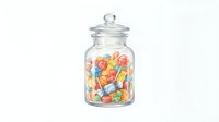Glass jar filled with colorful candy lollipops isolated on white background, ready for design use on packaging, invitations, and retail graphics.