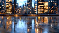 Wet reflective floor surface with blurred city lights and skyscrapers visible through windows, creating dramatic urban nighttime atmosphere for business concepts.