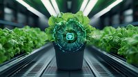 Futuristic smart farming concept showing digital hologram interface over lettuce plants in modern hydroponic greenhouse. Agricultural technology monitoring growth.