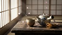 Traditional Japanese tea ceremony setup with ceramic teapot and cup on wooden table in sunlit room with shoji screens and floating cherry blossom petals.