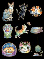 Decorative cat illustrations collection featuring sitting tabby, playful black cat, sleeping orange tabby, colorful paw print, jumping ginger cat, ornate food bowl, celestial cat bed, decorative cat face, and yarn ball with mouse. Isolated on transparent background, ready for t-shirts, stickers, clipart, sublimation, and print-on-demand designs.