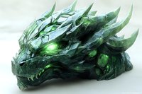 Mystical dragon head with glowing green crystalline scales and ethereal emerald light emanating from within, against light background. Fantasy art concept.