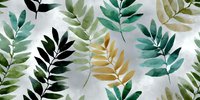 Watercolor botanical leaves seamless pattern with green, teal, yellow and black foliage on white background. Tiles perfectly for wallpaper and textile design.