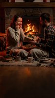 Young couple exchanging gifts by cozy fireplace during romantic evening at home with warm lighting and festive atmosphere for holiday celebrations.