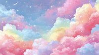 Dreamy pastel sky with fluffy cotton candy clouds in pink, blue, yellow, and purple hues under crescent moon and stars, perfect for fantasy backgrounds.