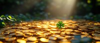 Lucky green clover leaf on golden coins in magical forest sunlight, bokeh background with sun rays and nature blur for St Patrick's Day celebration.