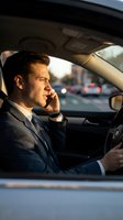 Professional businessman talking on phone while driving car in urban traffic during golden hour sunset lighting for business communication concepts.