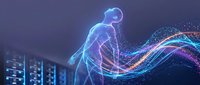 Glowing digital human figure with flowing neon light waves in tech environment, representing data flow, innovation, and futuristic technology concepts.