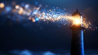 Magical lighthouse beacon emitting glowing particles and bokeh light effects against dark night sky, creating mystical maritime atmosphere. Suitable for fantasy designs.