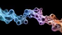 Colorful molecular structure visualization in blue, purple and orange gradient on black background showing scientific concept of chemical bonds.