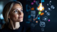 Thoughtful Caucasian businesswoman looking at glowing light bulb with digital icons, representing innovation and creative business solutions.