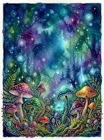Enchanted forest mushrooms glowing with bioluminescent light among magical plants and starry night sky, fantasy woodland scene for mystical and whimsical design projects.