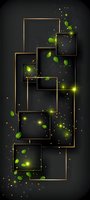 Elegant abstract composition with golden geometric frames and floating green leaves on dark background, enhanced by glowing light effects and sparkles. Perfect for luxury packaging or modern decor.