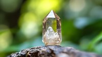 Smoky quartz crystal point with natural termination on blurred green nature background, mineral specimen displaying raw crystalline structure and clarity.
