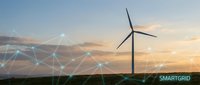 Wind turbine against sunset sky with digital network overlay representing smart grid technology and renewable energy infrastructure.