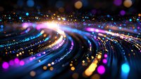Vibrant light trails curve through darkness with glowing blue, purple and gold bokeh effects creating dynamic motion and energy for technology and innovation concepts.