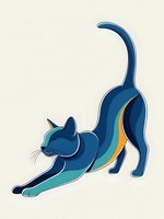 Stylized blue cat stretching in playful pose with colorful gradient design isolated on light background for modern graphic projects.