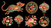 Colorful Chinese New Year rat zodiac clipart set with lanterns, koi fish, peach blossoms, and coins, isolated on transparent background for stickers, sublimation, t-shirt design.