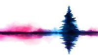 Watercolor landscape with lone pine tree silhouette reflected in still water against vibrant pink and blue sky at sunset, creating serene minimalist nature scene.