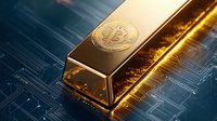 Golden bitcoin bar on circuit board background with glowing digital elements, combining traditional wealth and cryptocurrency concepts for financial technology.