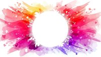 Vibrant watercolor splash frame with rainbow colors and white center space for text or design elements on transparent background.