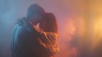 Romantic couple embracing in warm golden light with atmospheric smoke creating intimate mood for love and relationship concepts.