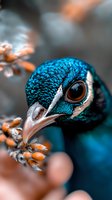 Close-up portrait of peacock head with iridescent blue feathers and distinctive eye, perched near orange autumn berries against blurred background.