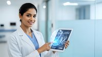 Young female doctor in white coat holding digital tablet with medical data in modern hospital corridor for healthcare technology presentations.