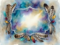 Watercolor feather frame with ornate border and vibrant blue, purple, gold background. Isolated design element for invitations, cards, posters, and creative projects.
