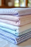 Stack of folded pastel kitchen towels in blue, pink and mint stripes and gingham patterns, showing soft cotton texture and neat arrangement for home organization.