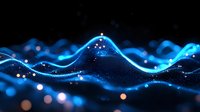 Glowing blue wave particles flow with light dots on dark background creating dynamic digital terrain visualization for technology concepts.