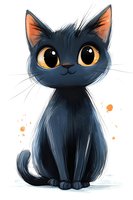 Adorable black kitten with large golden eyes sitting on white background, cute cartoon style pet illustration for children's design projects.