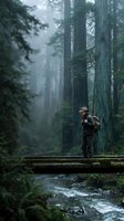 Male hiker wearing hat and backpack standing on wooden bridge crossing stream in misty old-growth forest with towering evergreen trees. Adventure and outdoor exploration.