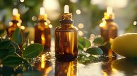Amber glass essential oil bottles with green leaves and bokeh lights creating magical spa atmosphere. For wellness, aromatherapy and natural cosmetics marketing.