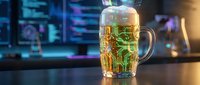 Futuristic beer mug with glowing circuit board pattern in cyberpunk bar setting. Digital technology meets traditional drinking culture concept.