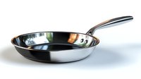 Shiny stainless steel frying pan with metal handle isolated on white background, essential cookware for professional and home kitchens.