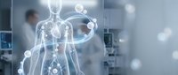 Futuristic medical technology concept with glowing human anatomy hologram and digital interface elements in modern healthcare facility background.