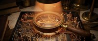 Copper-colored cryptocurrency coin on electronic circuit board with warm lighting, representing digital currency and blockchain technology in finance.