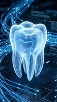 Futuristic holographic tooth anatomy with glowing blue light effects on digital technology background for dental healthcare and medical innovation concepts.