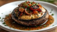 Grilled portobello mushroom cap topped with melted cheese, roasted cherry tomatoes and fresh herbs in savory sauce on white ceramic plate, macro food photography.